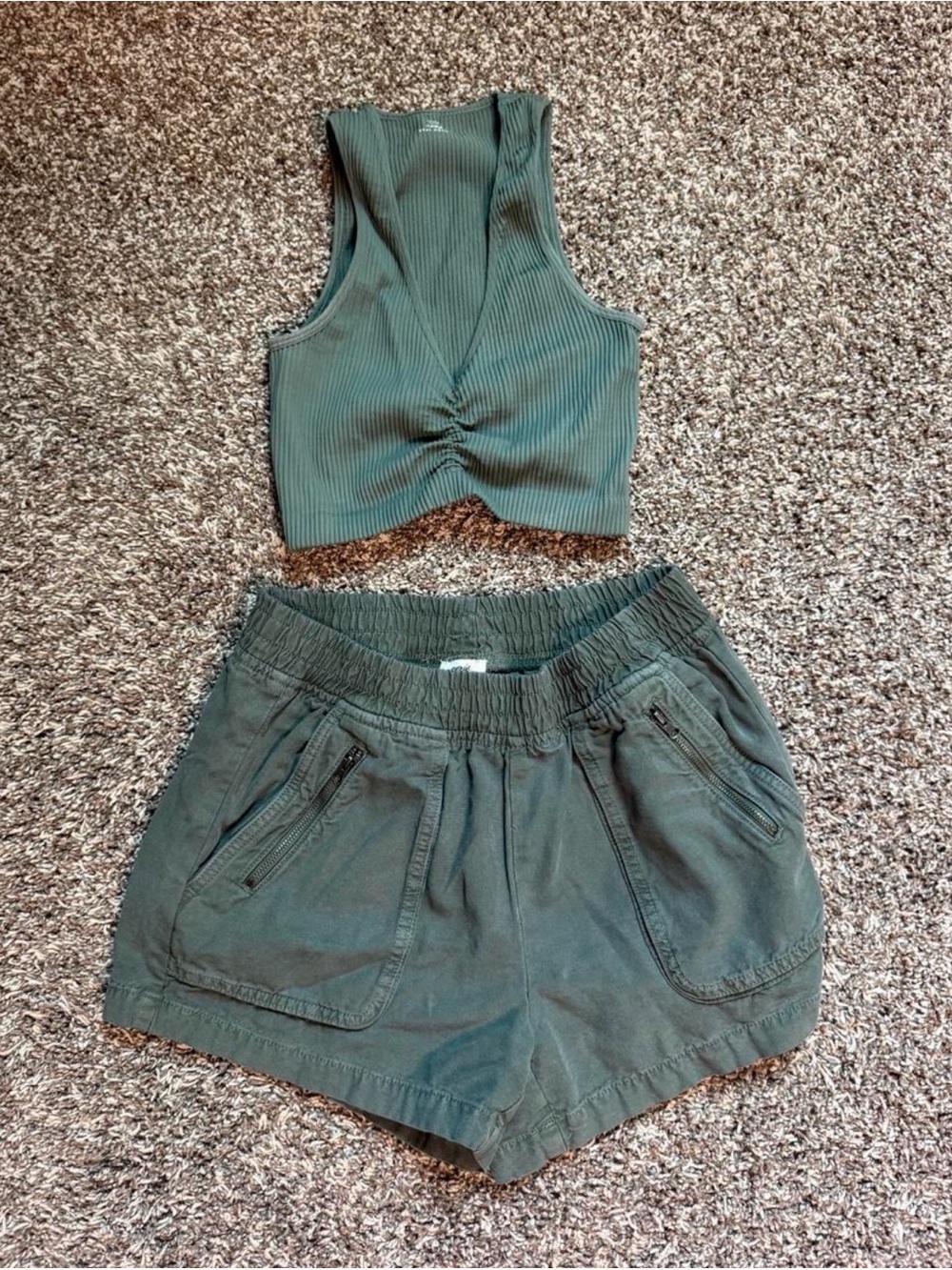 Aerie Olive Green Ribbed Crop Tank and Drawstring Shorts Set both size small